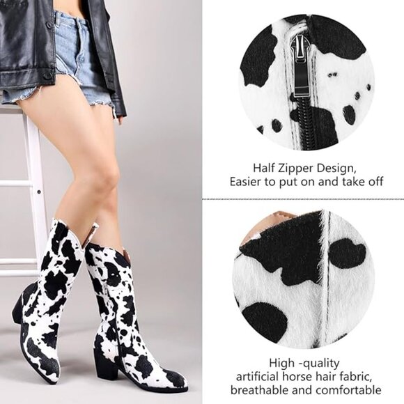 NEW! Women Mid Calf Cowboy Boots Chunky Heel Half Boot Cow Print Western Boots - Picture 6 of 7